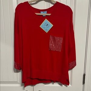 CeCe Red Blouse with Pocket and Cuff Detail